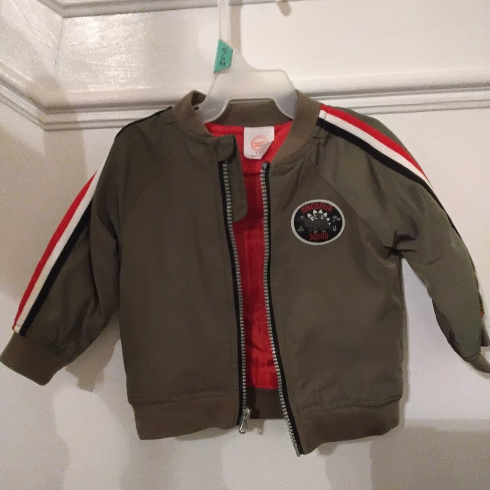 Baby Boys Bomber Jacket – Olive Green with Racing Stripe Sleeves (6–9 Months)